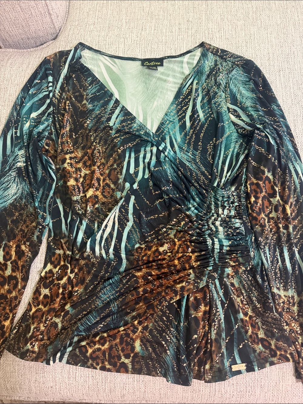 Teal Mixed Animal Leopard Zebra Print Drape Front Ruched Blouse XL Y2K Glam